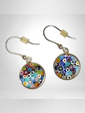Glass Of Venice Italian Murano Glass Earrings Dangle Round Multicolor Millefiori